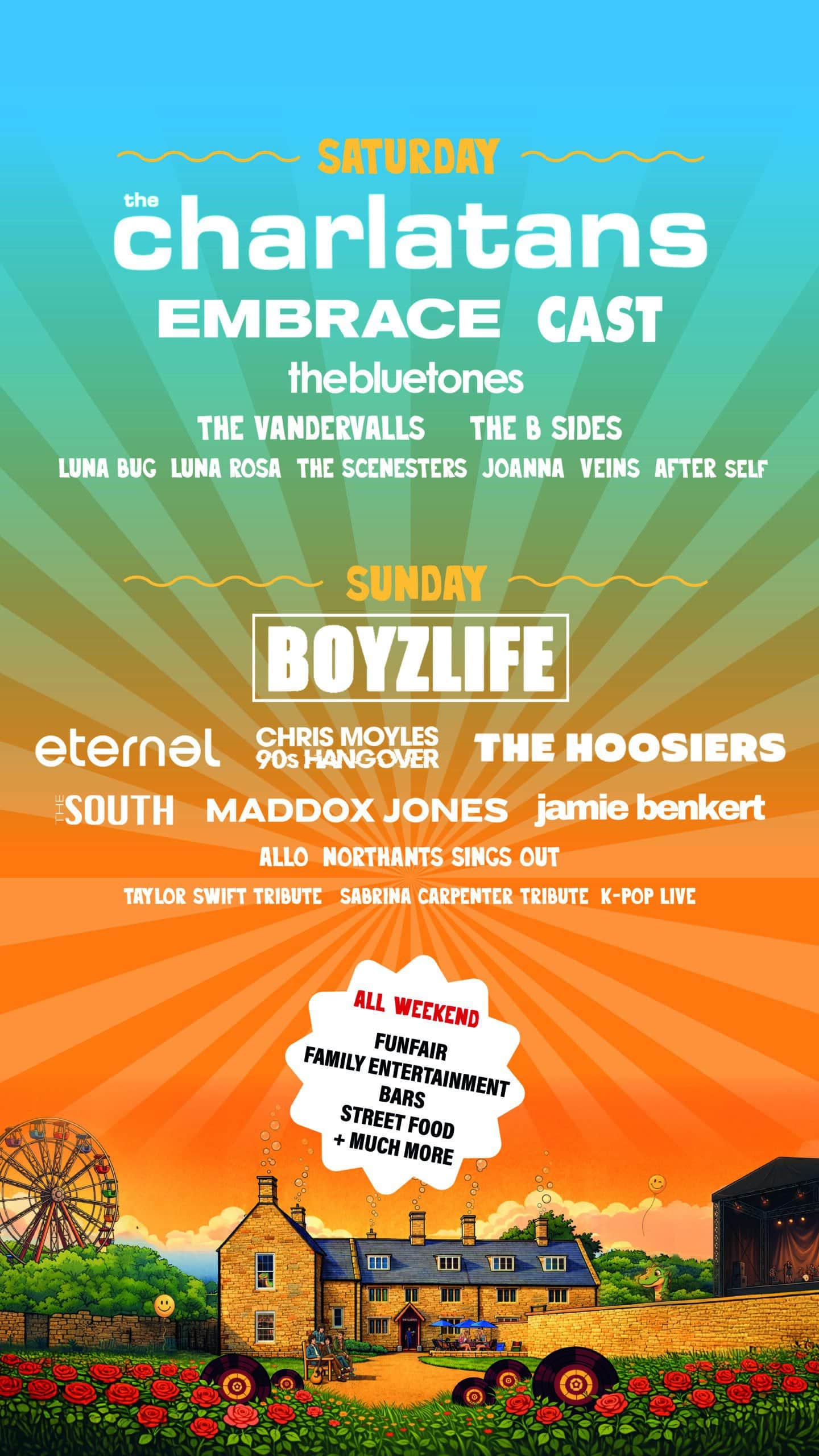 Festival lineup poster for RoseShire Festival featuring main acts and schedule.